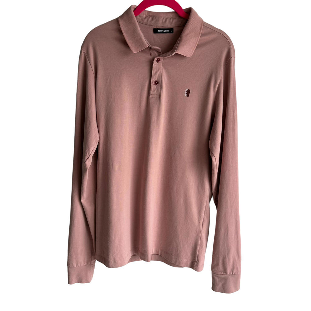 REMUS UOMO Pink/Mauve Tapered Fit Cotton-Blend Long Sleeve Mens Polo Shirt,‎ M
